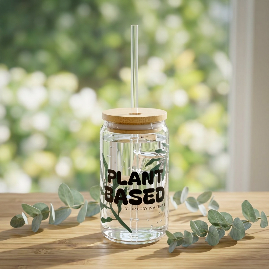 Plant Based Glass Tumbler with Straw & Bamboo Lid